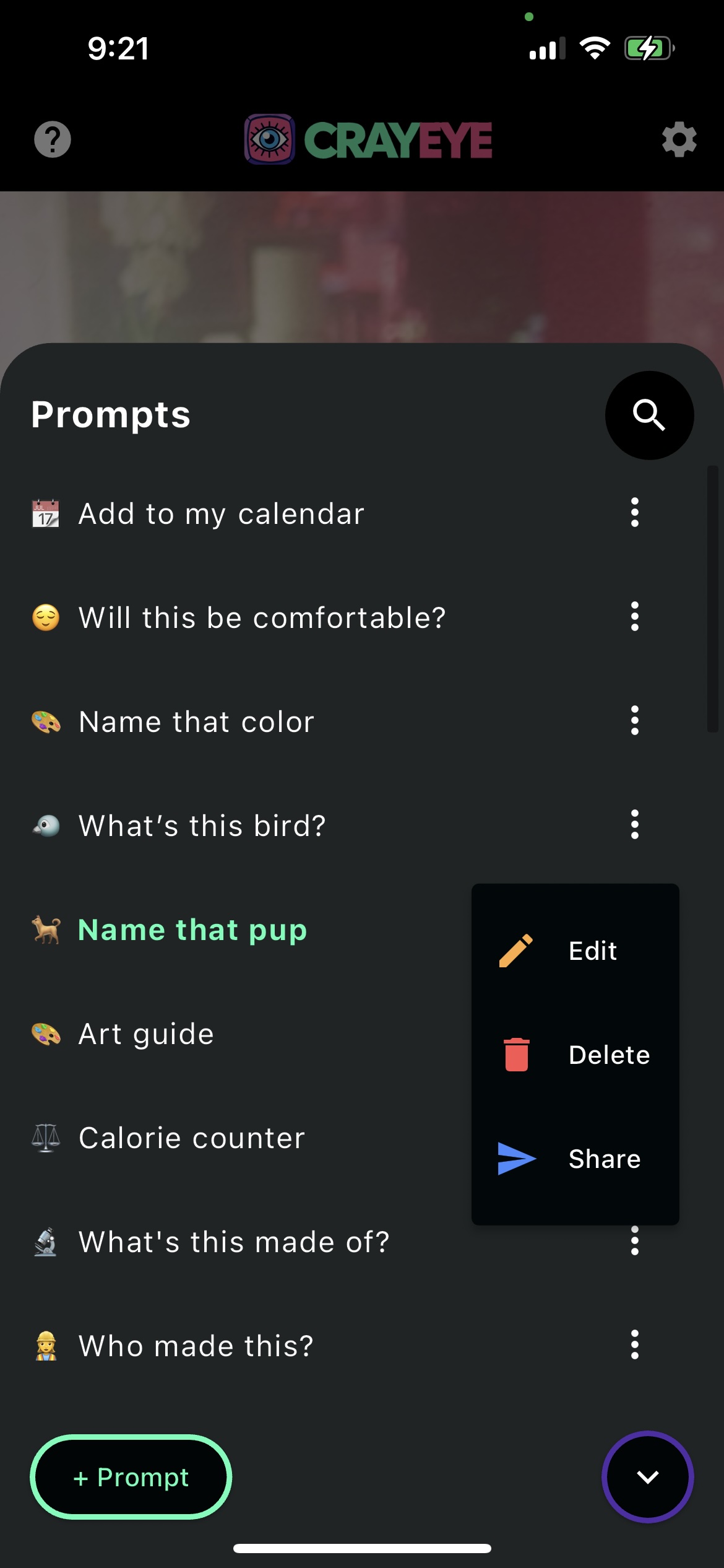Screenshot of CrayEye app showing a listing of prompts in a drawer titled 'Prompts' - the prompts include 'Whats this made of?', 'What sound does it make?', 'What kind of bird is this?', 'Whats it weigh?', 'Who made this?', and 'Calorie Counter'.  There is a button to add a new prompt and a context menu for each prompt with options to 'Edit,' 'Delete,' or 'Share' the prompt.